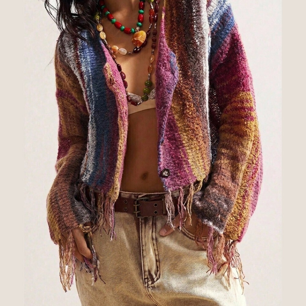 Multicolor Rainbow Striped Fringe Hem Cropped Knit Cardigan